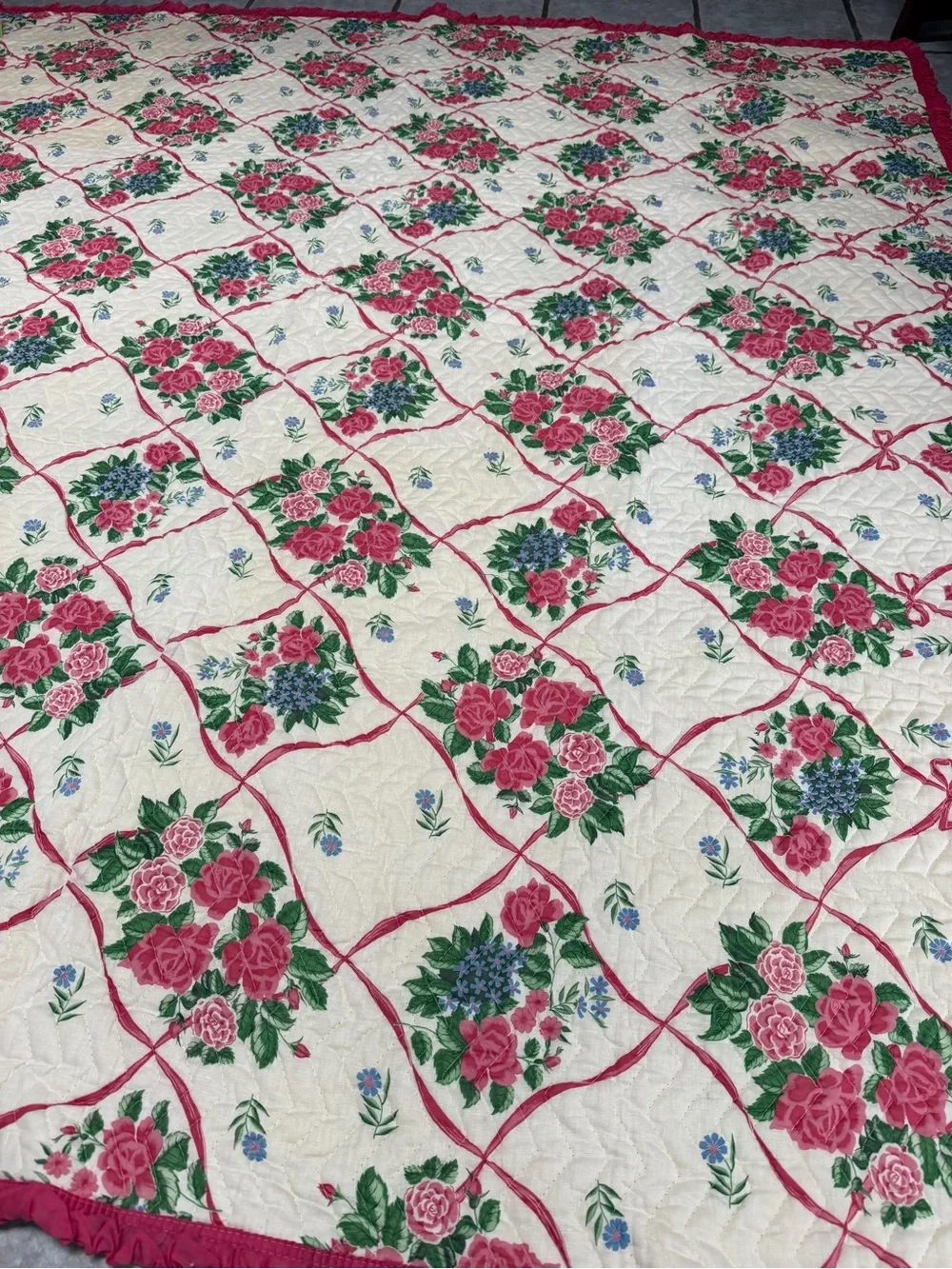VTG Pink Roses Floral Quilted Bedspread OLDE KENTUCKY QUILTS 80x84” NOS